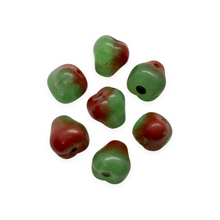 Load image into Gallery viewer, Czech glass pear fruit beads charms 12pc charms dark green &amp; red 10mm top drill UV glow-Orange Grove Beads
