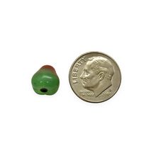 Load image into Gallery viewer, Czech glass pear fruit beads 12pc dark green red 10mm UV glow
