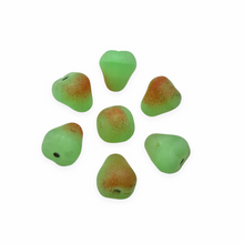 Load image into Gallery viewer, Czech glass pear fruit beads charms 12pc matte green &amp; red UV glow-Orange Grove Beads
