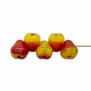 Czech glass pear fruit beads 12pc milky yellow with red accents