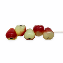 Load image into Gallery viewer, Czech glass pear fruit beads charms 10pc opaline yellow &amp; red UV glow
