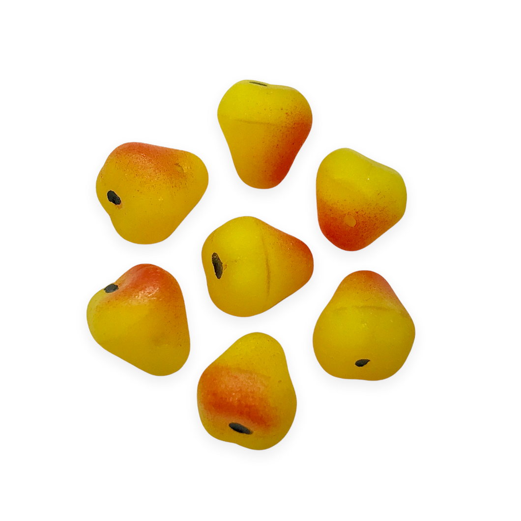 Czech glass pear fruit beads 12pc matte yellow with red accents 10mm-Orange Grove Beads