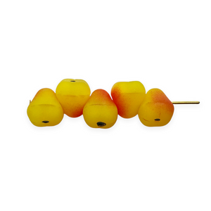 Czech glass pear fruit beads 12pc matte yellow with red accents 10mm