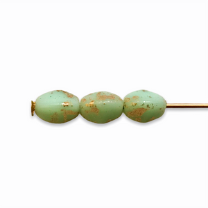 Czech glass pinch beads 40pc mint green gold rain 5x3mm-Orange Grove Beads