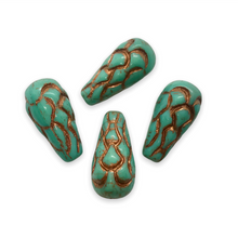 Load image into Gallery viewer, Czech glass XL focal pinecone drop beads 4pc opaque turquoise copper 25x12mm-Orange Grove Beads
