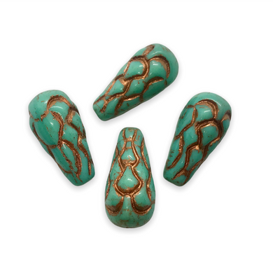 Czech glass XL focal pinecone drop beads 4pc opaque turquoise copper 25x12mm-Orange Grove Beads