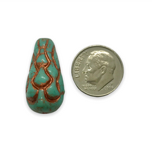 Load image into Gallery viewer, Czech glass XL focal pinecone drop beads 4pc opaque turquoise copper 25x12mm

