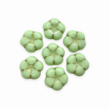 Load image into Gallery viewer, Czech glass puffed flower beads 10pc opaque mint green gold UV reactive 12mm-Orange Grove Beads
