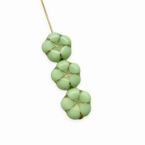 Czech glass puffed flower beads 10pc mint green gold UV 12mm