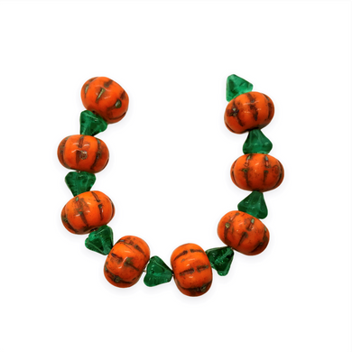 Czech glass orange pumpkin beads 8 sets (16pc) with stems #1-Orange Grove Beads