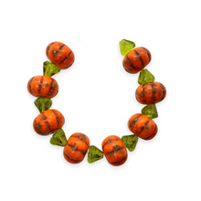 Load image into Gallery viewer, Czech glass orange pumpkin beads charms with stems 8 sets (16pc) #2-Orange Grove Beads
