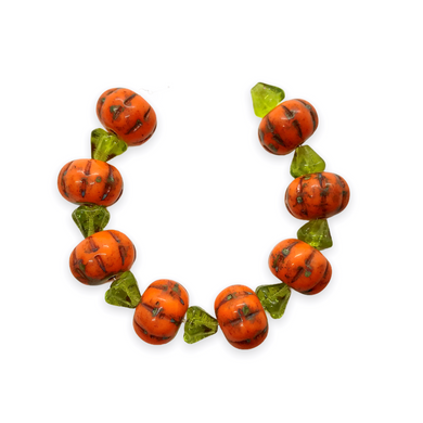 Czech glass orange pumpkin beads charms with stems 8 sets (16pc) #2-Orange Grove Beads