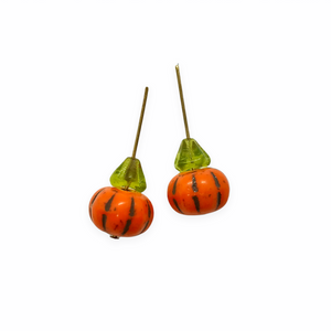 Czech glass orange pumpkin beads charms 8 sets (16pc) with stems #3