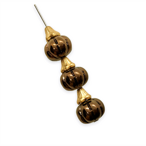 Czech glass pumpkin beads charms with stems 8 sets (16pc) metallic brown gold