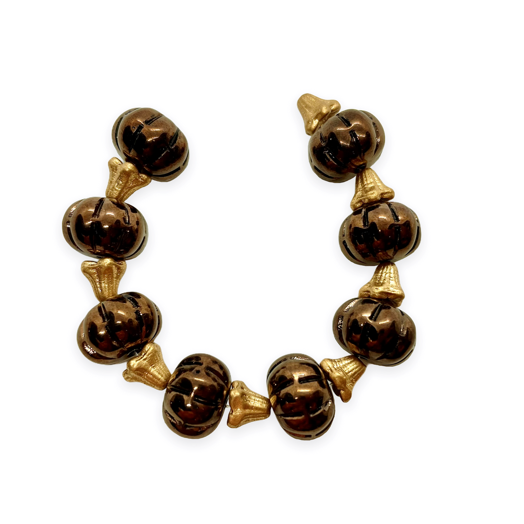 Czech glass pumpkin beads charms with stems 8 sets (16pc) metallic brown gold-Orange Grove Beads