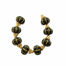 Load image into Gallery viewer, Czech glass elegant pumpkin beads charms with stems 8 sets (16pc) black &amp; gold-Orange Grove Beads

