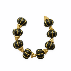Czech glass elegant pumpkin beads charms with stems 8 sets (16pc) black & gold-Orange Grove Beads