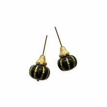 Load image into Gallery viewer, Czech glass elegant pumpkin beads charms with stems 8 sets (16pc) black &amp; gold
