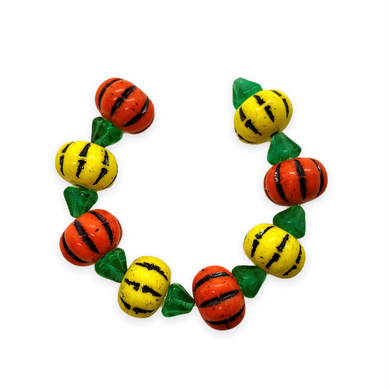 Czech glass pumpkin beads charms with stems 8 sets (16pc) orange & yellow mix-Orange Grove Beads