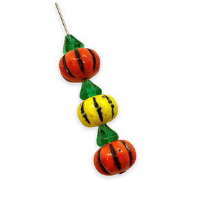 Czech glass pumpkin beads with stems 8 sets (16pc) orange & yellow mix