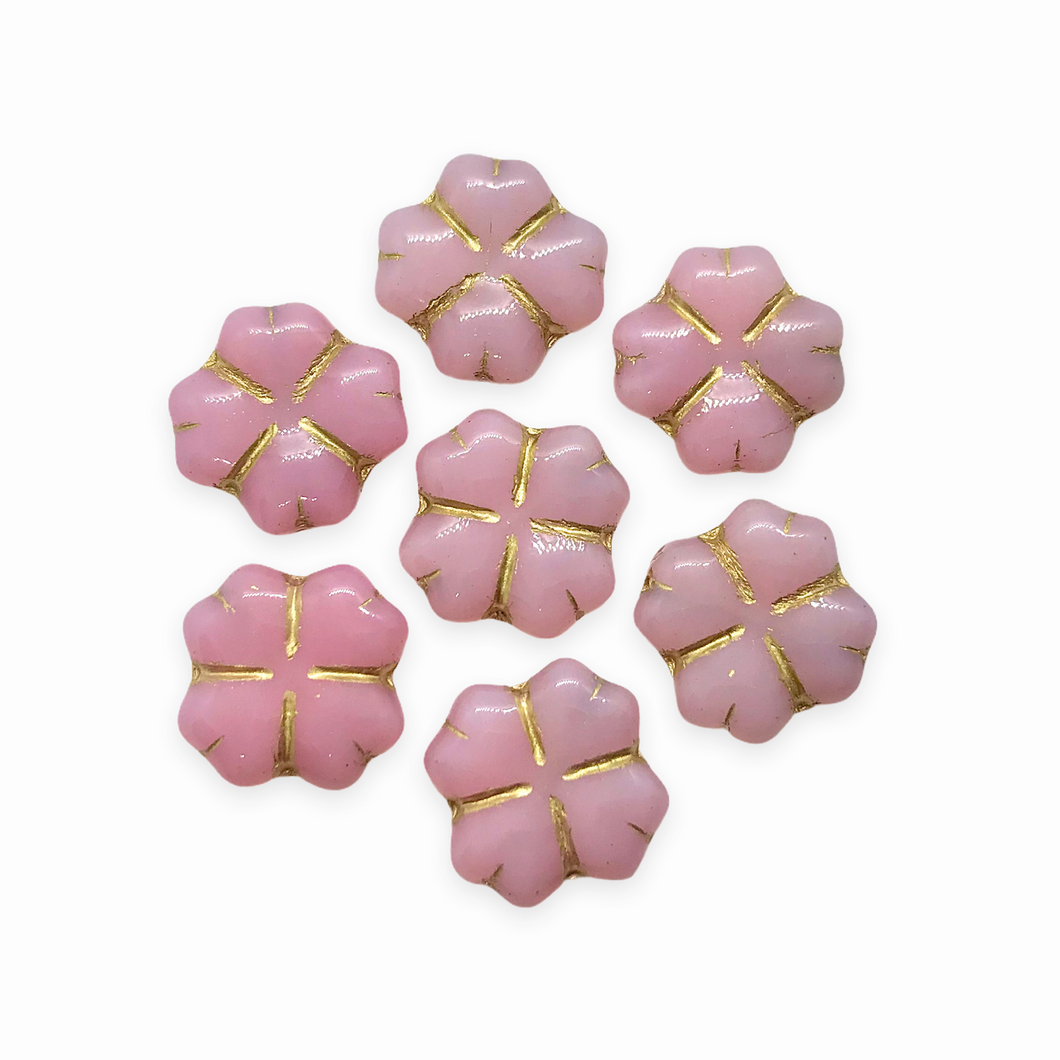 Czech glass quilted 4 petal flower beads 10pc light pink gold 15mm-Orange Grove Beads