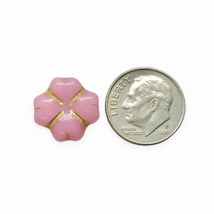 Czech glass quilted heart petal flower beads 10pc light pink gold 15mm