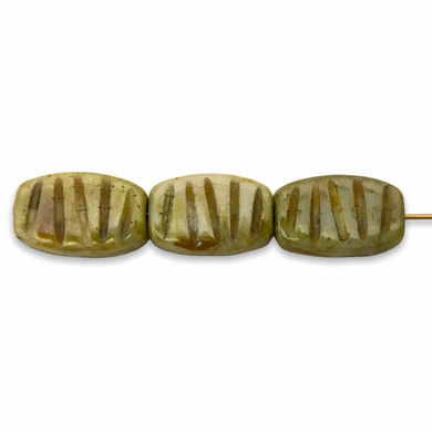 Czech glass carved stripe rectangle beads 12pc light green picasso 14x8-Orange Grove Beads