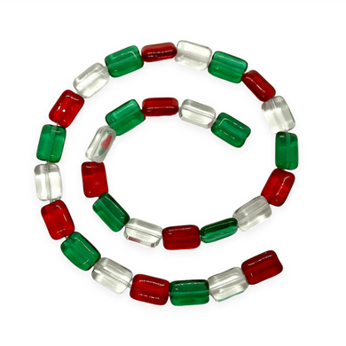 Czech glass rectangle chicklet beads Christmas mix 30pc red crystal green 12x8mm-Orange Grove Beads