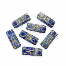 Load image into Gallery viewer, Czech glass flower rectangle brick beads 10pc blue white gold decor 20x8mm-Orange Grove Beads
