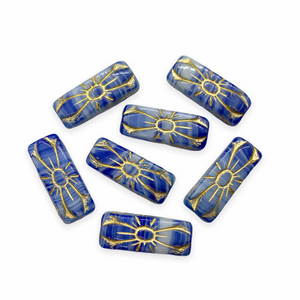 Czech glass flower rectangle brick beads 10pc blue white gold decor 20x8mm-Orange Grove Beads
