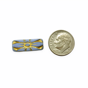 Czech glass flower rectangle brick beads 10pc opaque cornflower blue gold decor 20x8mm