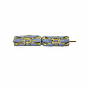 Czech glass flower rectangle brick beads 10pc opaque cornflower blue gold decor 20x8mm