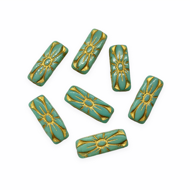 Czech glass flower rectangle brick beads 10pc turquoise gold decor 20x8mm-Orange Grove Beads