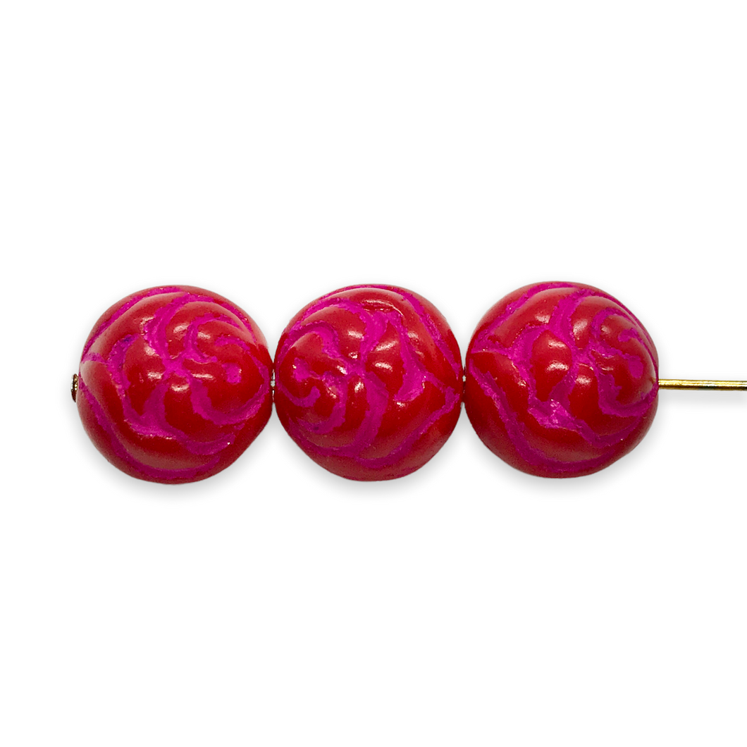 Czech glass large round rosebud flower beads 8pc opaque red pink 13mm