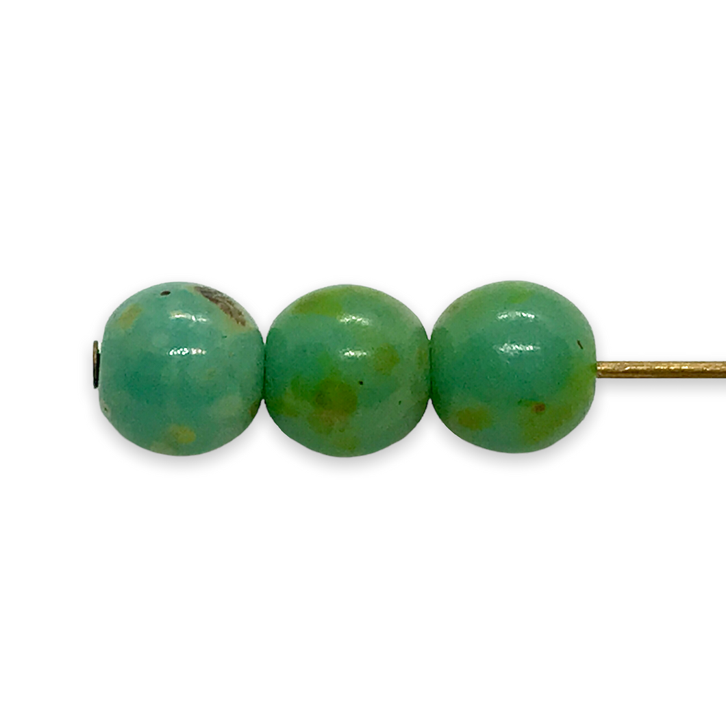 Czech glass round druk beads 40pc opaque turquoise picasso 6mm-Orange Grove Beads