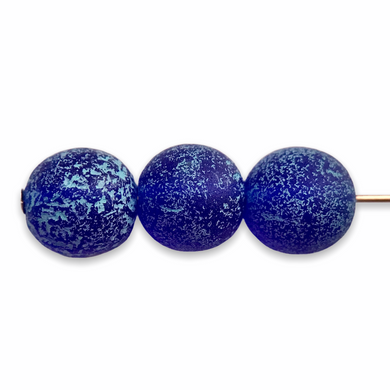 Czech glass round druk beads 25pc etched cobalt light blue wash 8mm-Orange Grove Beads