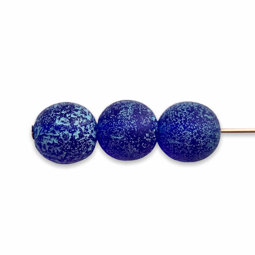 Czech glass round druk beads 25pc etched cobalt light blue wash 8mm-Orange Grove Beads