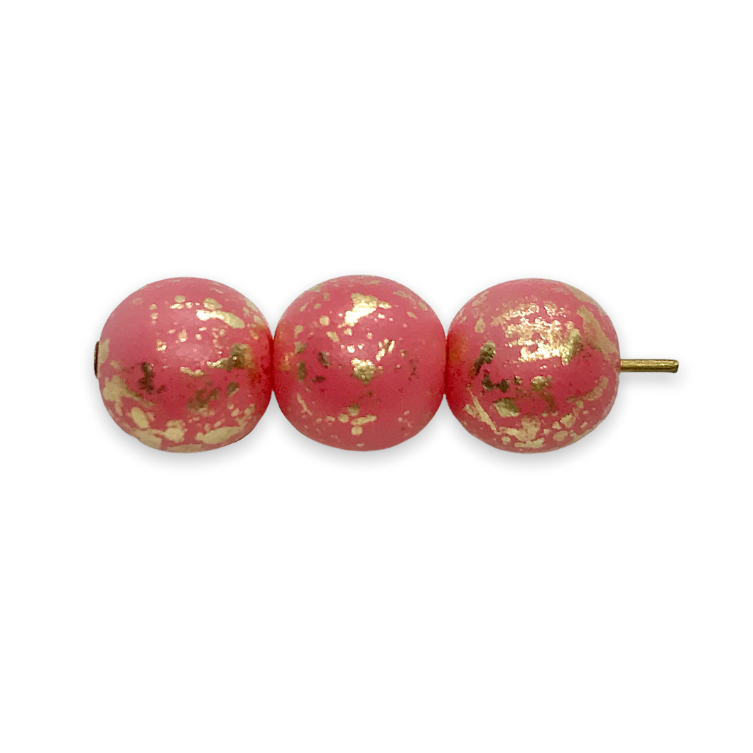 Czech pressed glass round druk beads 25pc coral pink gold rain 8mm-Orange  Grove Beads