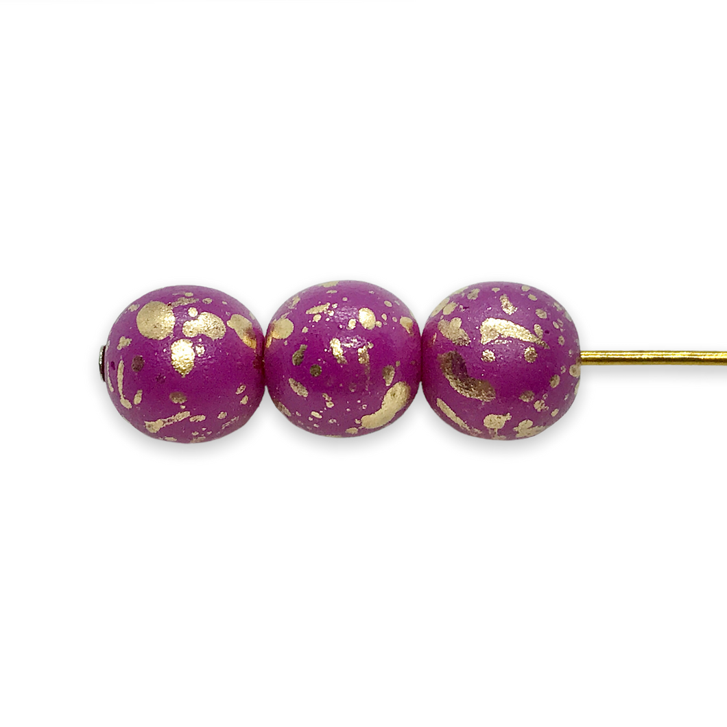 Czech pressed glass round druk beads 25pc orchid purple gold rain 8mm-Orange Grove Beads