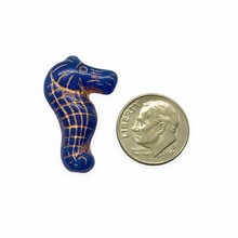 Load image into Gallery viewer, Czech glass seahorse focal beads 4pc blue with copper inlay 28mm
