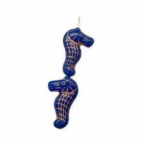 Czech glass seahorse focal beads 4pc blue with copper inlay 28mm