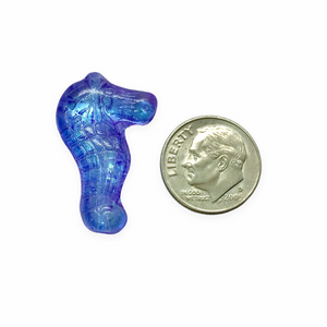 Czech glass seahorse focal beads 4pc blue with metallic pink 28mm #6 vertical drill