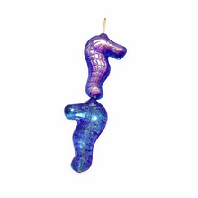 Load image into Gallery viewer, Czech glass seahorse focal beads 4pc blue with metallic pink 28mm #6 vertical drill
