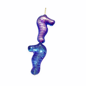 Czech glass seahorse focal beads 4pc blue with metallic pink 28mm #6 vertical drill