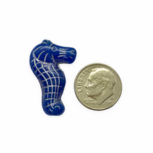 Load image into Gallery viewer, Czech glass seahorse focal beads 4pc blue with silver finish

