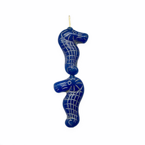 Czech glass seahorse focal beads 4pc blue with silver finish