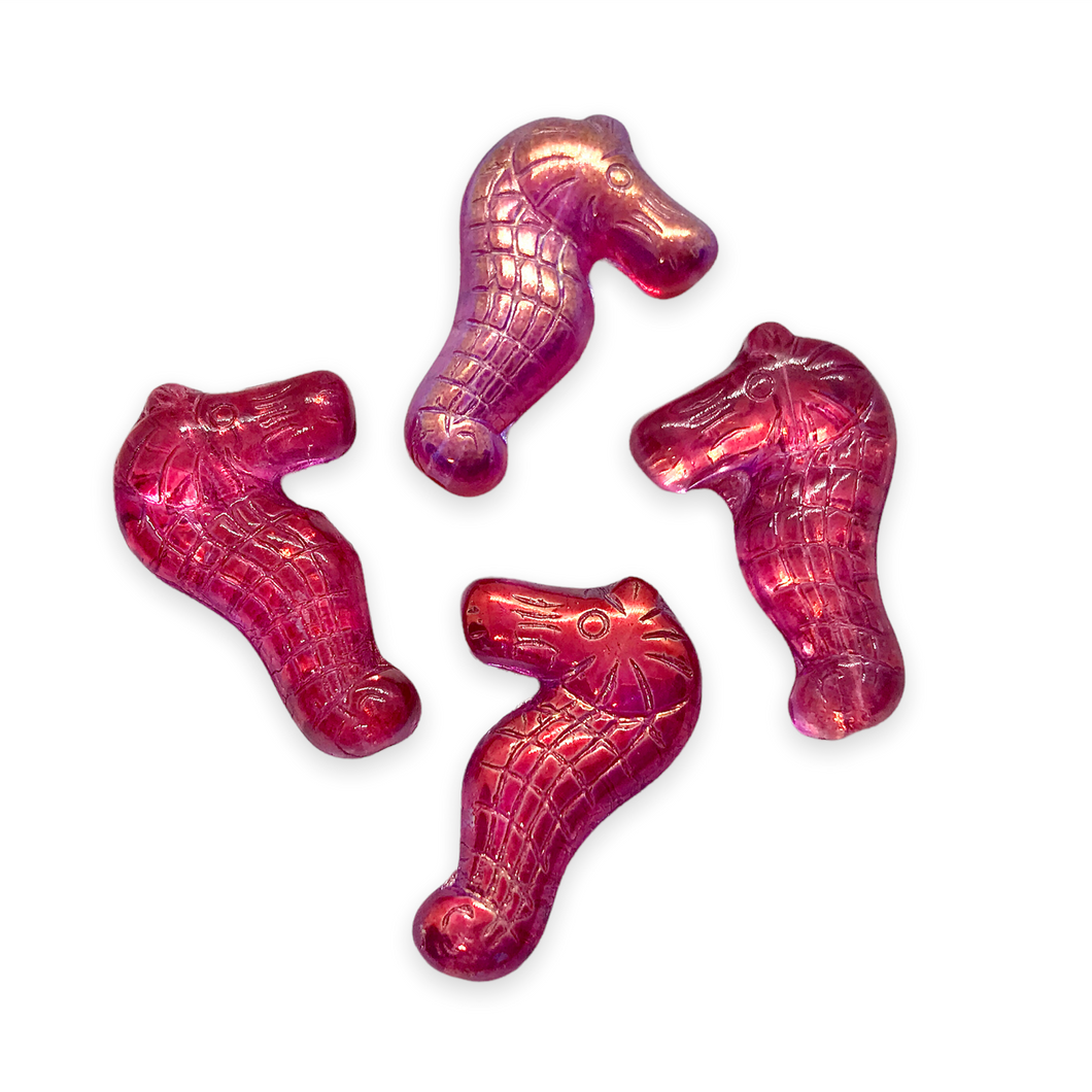 Czech glass seahorse focal beads 4pc fuchsia pink metallic 28mm-Orange Grove Beads