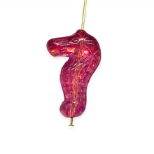Load image into Gallery viewer, Czech glass seahorse focal beads 4pc fuchsia pink metallic 28mm
