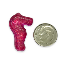 Load image into Gallery viewer, Czech glass seahorse focal beads 4pc fuchsia pink metallic 28mm
