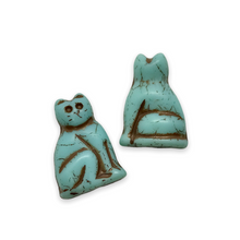 Load image into Gallery viewer, Czech glass large seated cat beads 6pc turquoise blue brown 20mm
